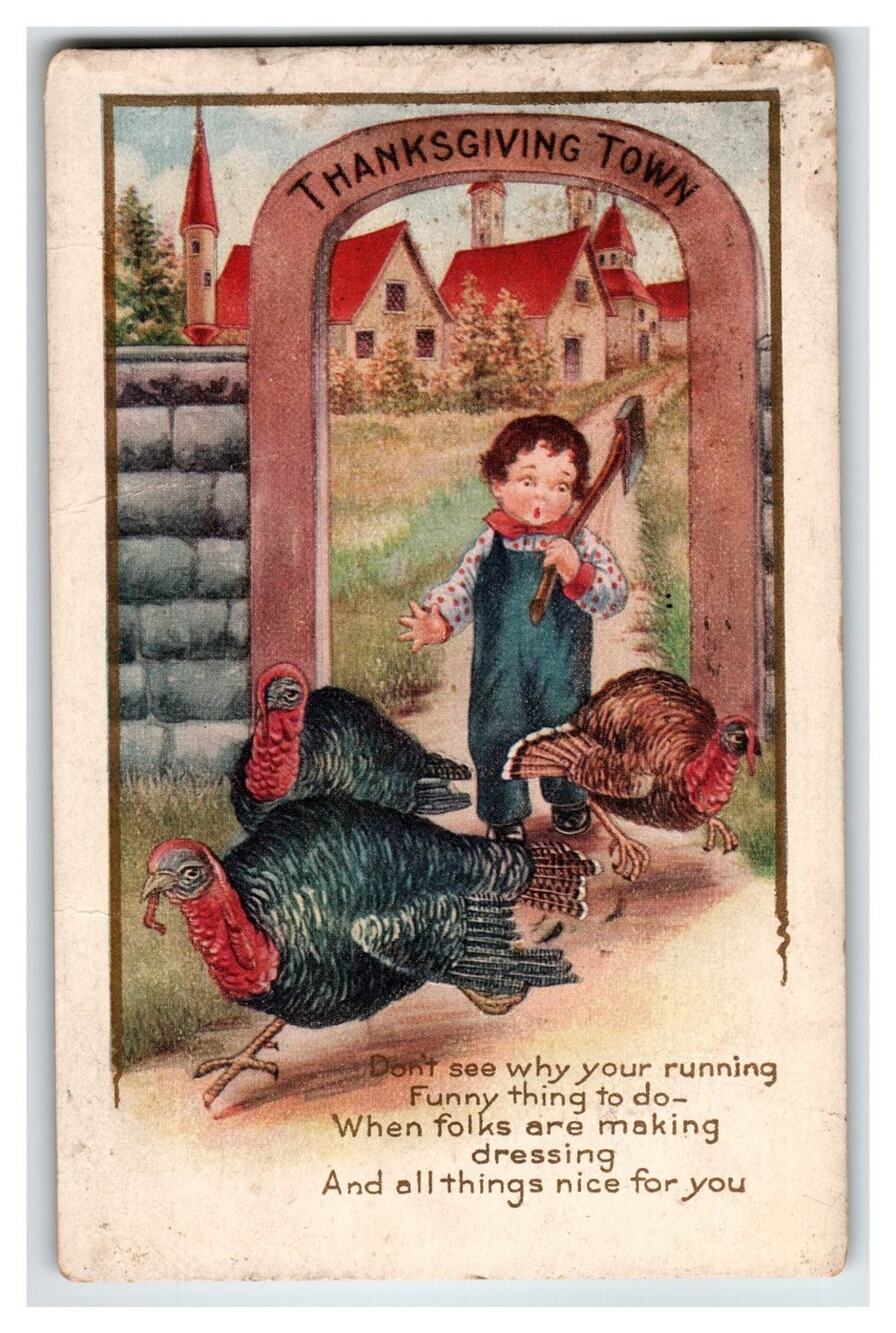 1911 Thanksgiving Postcard Boy Axe Chasing Turkeys Columbus Ohio Postmark Poem